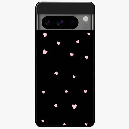 Pink Love Drops Glass Case showing flat back view with playful pink heart drops artwork and glossy glass finish.