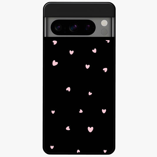 Pink Love Drops Glass Case showing flat back view with playful pink heart drops artwork and glossy glass finish.
