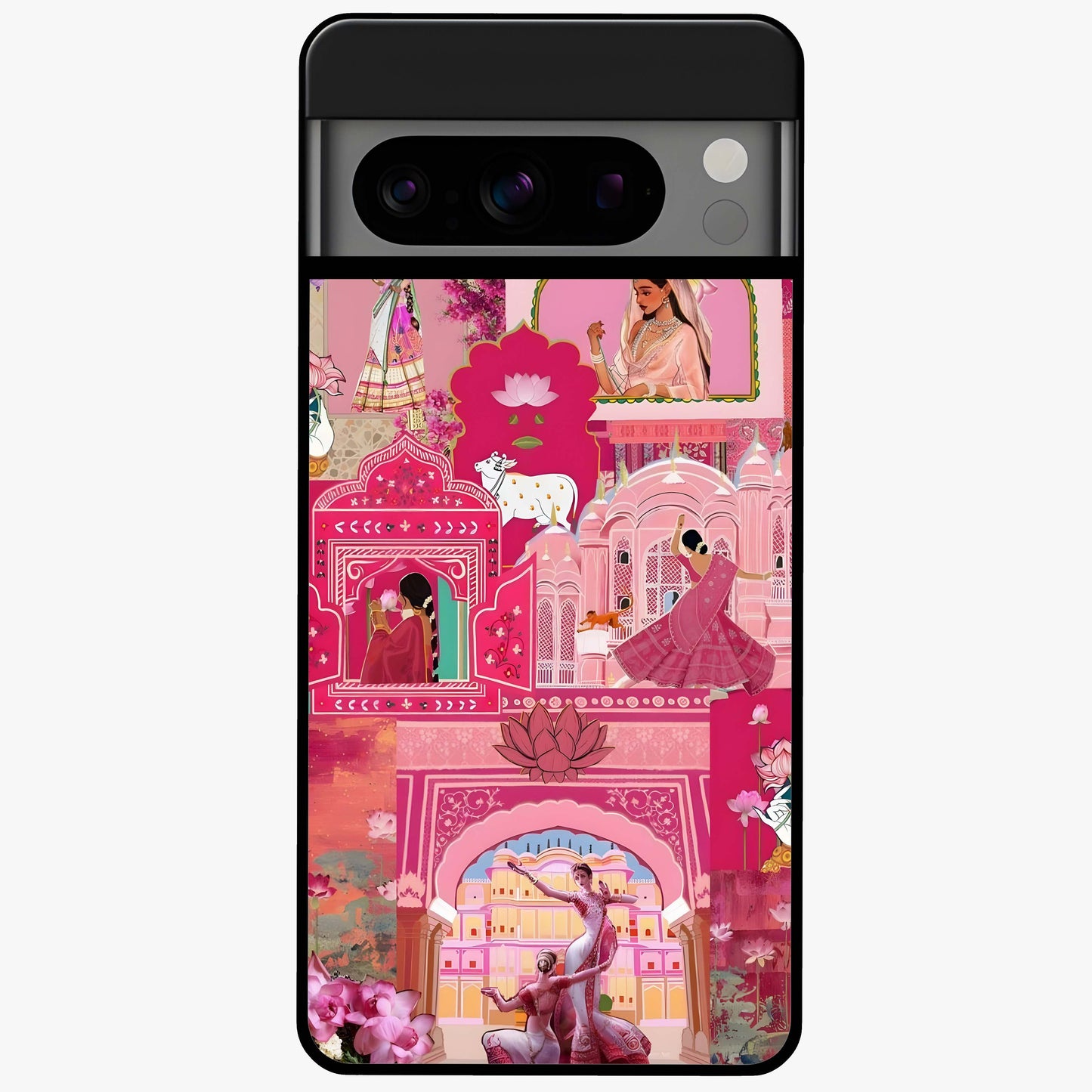 Pink Palace Muse Glass Case showing flat back view with elegant palace inspired artwork and glossy glass finish.