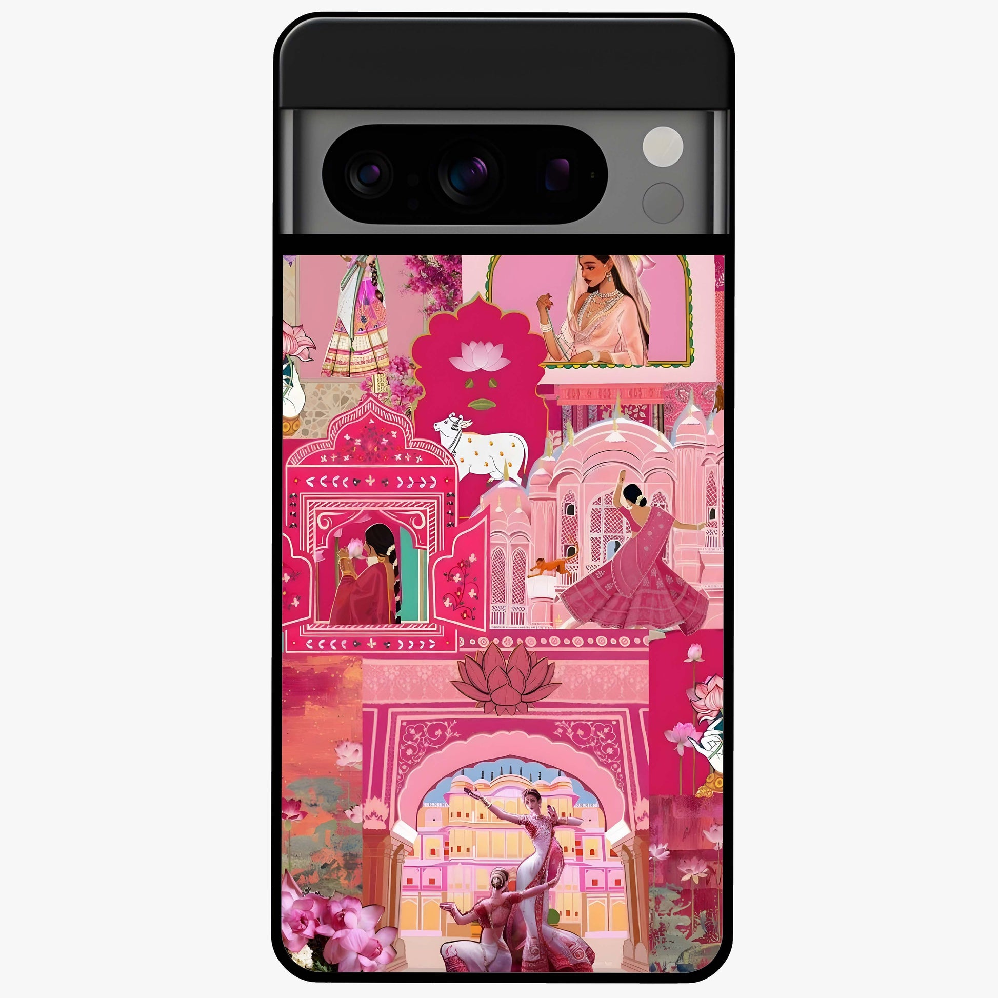 Pink Palace Muse Glass Case showing flat back view with elegant palace inspired artwork and glossy glass finish.