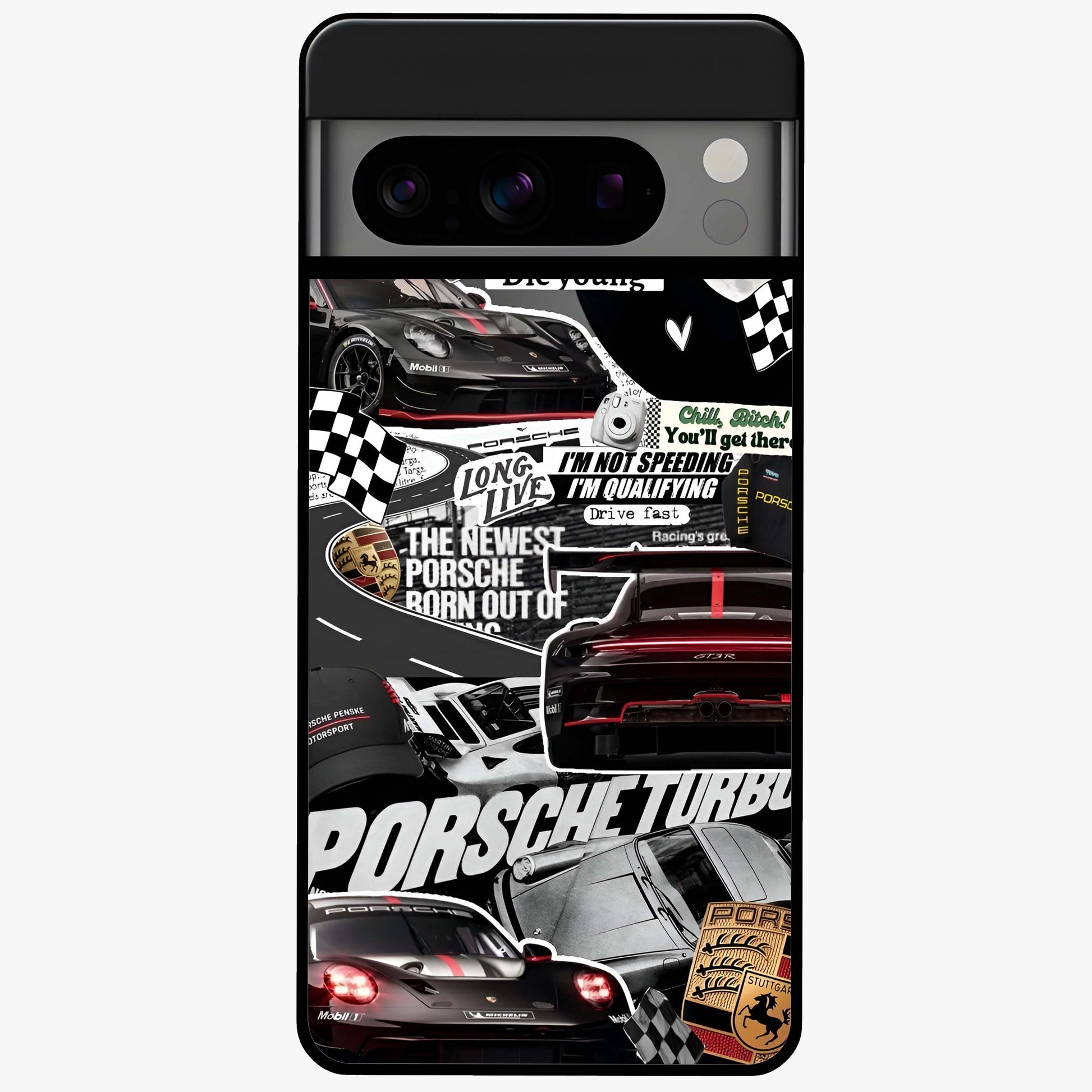 Porsche Racing Collage Glass Case showing flat back view with sports car racing collage artwork and glossy glass finish.