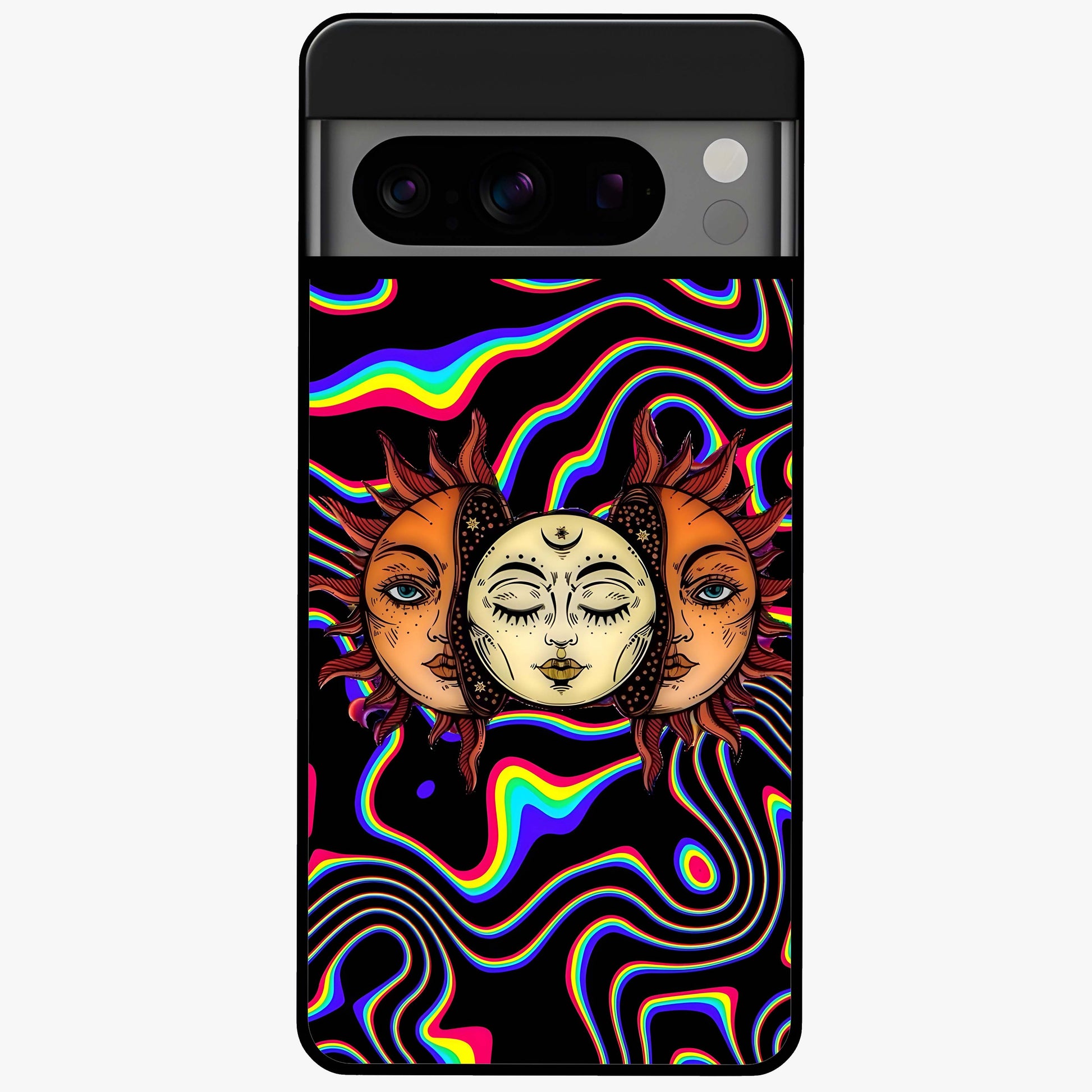 Psychedelic Sun Glass Case showing flat back view with colorful psychedelic sun artwork and glossy glass finish.