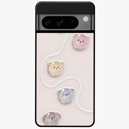 Puffy Face Parade Glass Case showing flat back view with cute puffy character faces artwork and glossy glass finish.
