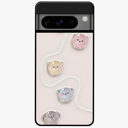 Puffy Face Parade Glass Case showing flat back view with cute puffy character faces artwork and glossy glass finish.