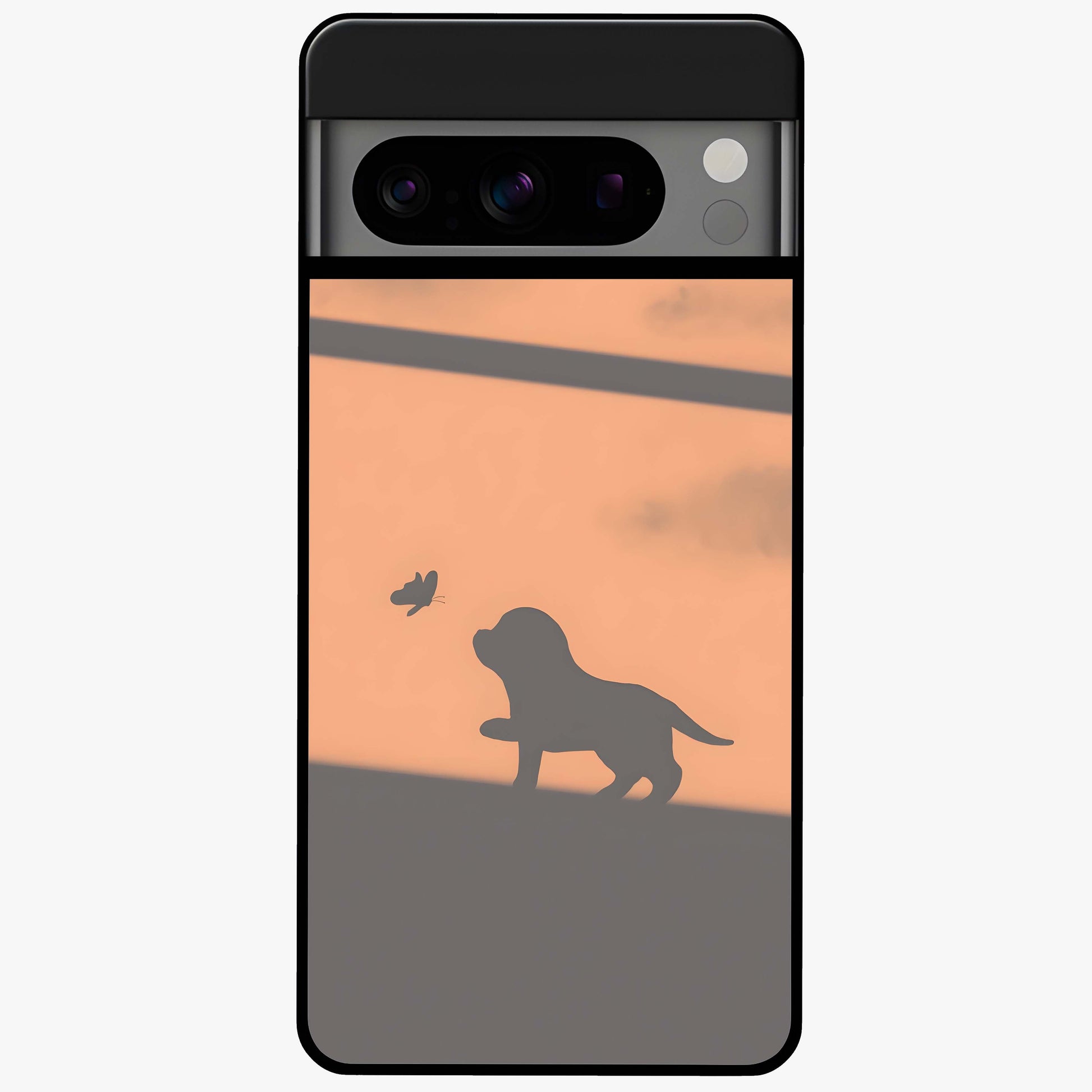 Puppy Shadow Art Glass Case showing flat back view with cute puppy shadow style artwork and glossy glass finish.