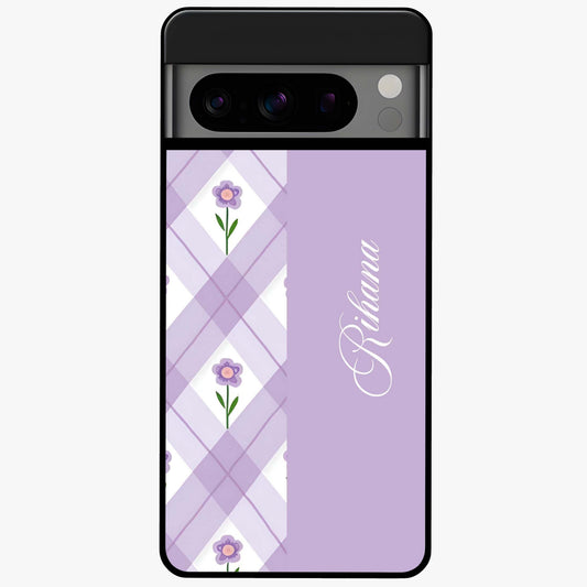 Purple Diamond Floral Glass Case showing flat back view with diamond shaped floral artwork and glossy glass finish.