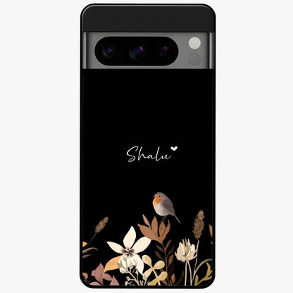 Quiet Garden Tune Custom Name Glass Case showing flat back view with peaceful garden artwork and personalized name design.