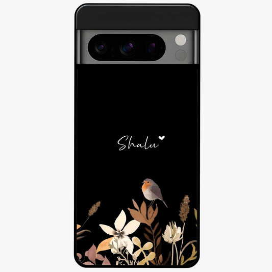 Quiet Garden Tune Custom Name Glass Case showing flat back view with peaceful garden artwork and personalized name design.