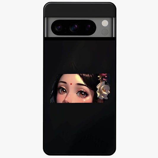 Radha Divine Embrace Glass Case showing flat back view with devotional Radha artwork and glossy glass finish.