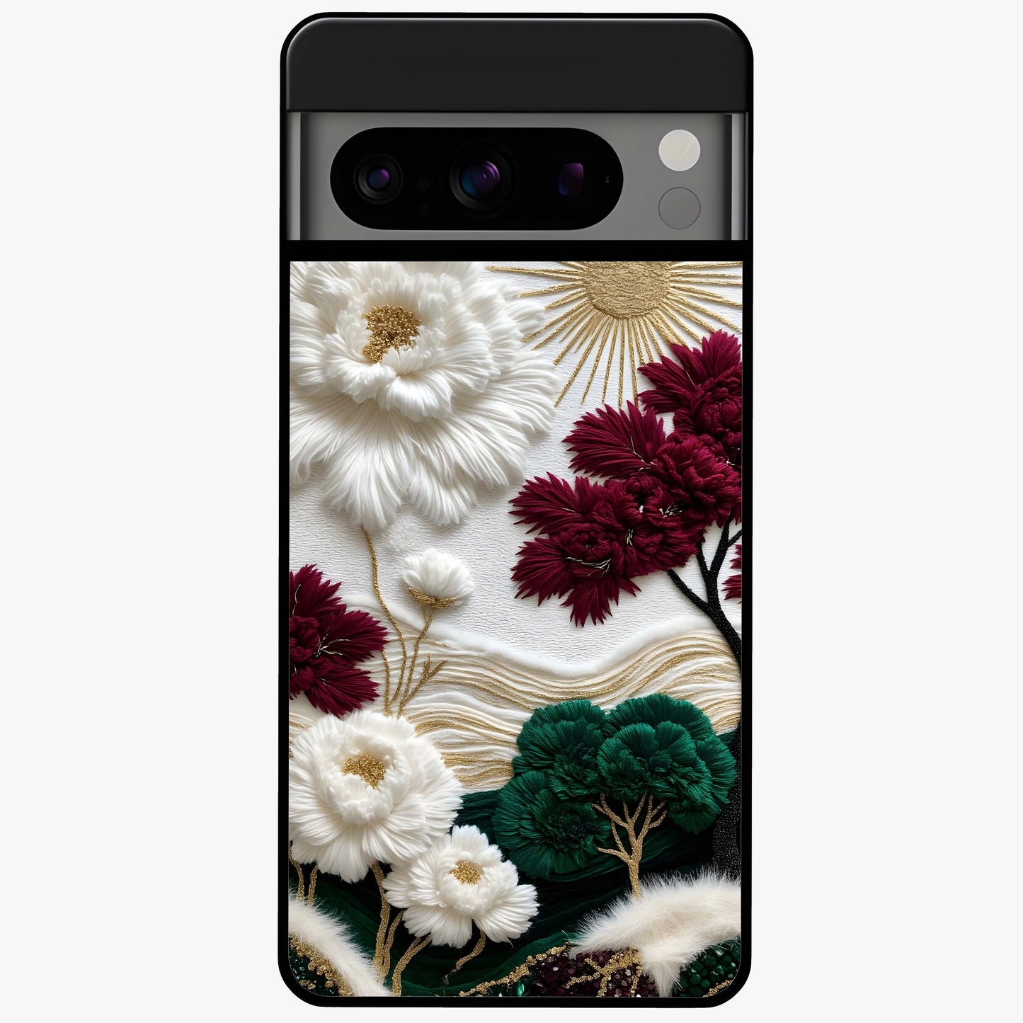 Radiant Bloom Elegance Glass Case showing flat back view with elegant blooming flower artwork and glossy glass finish.