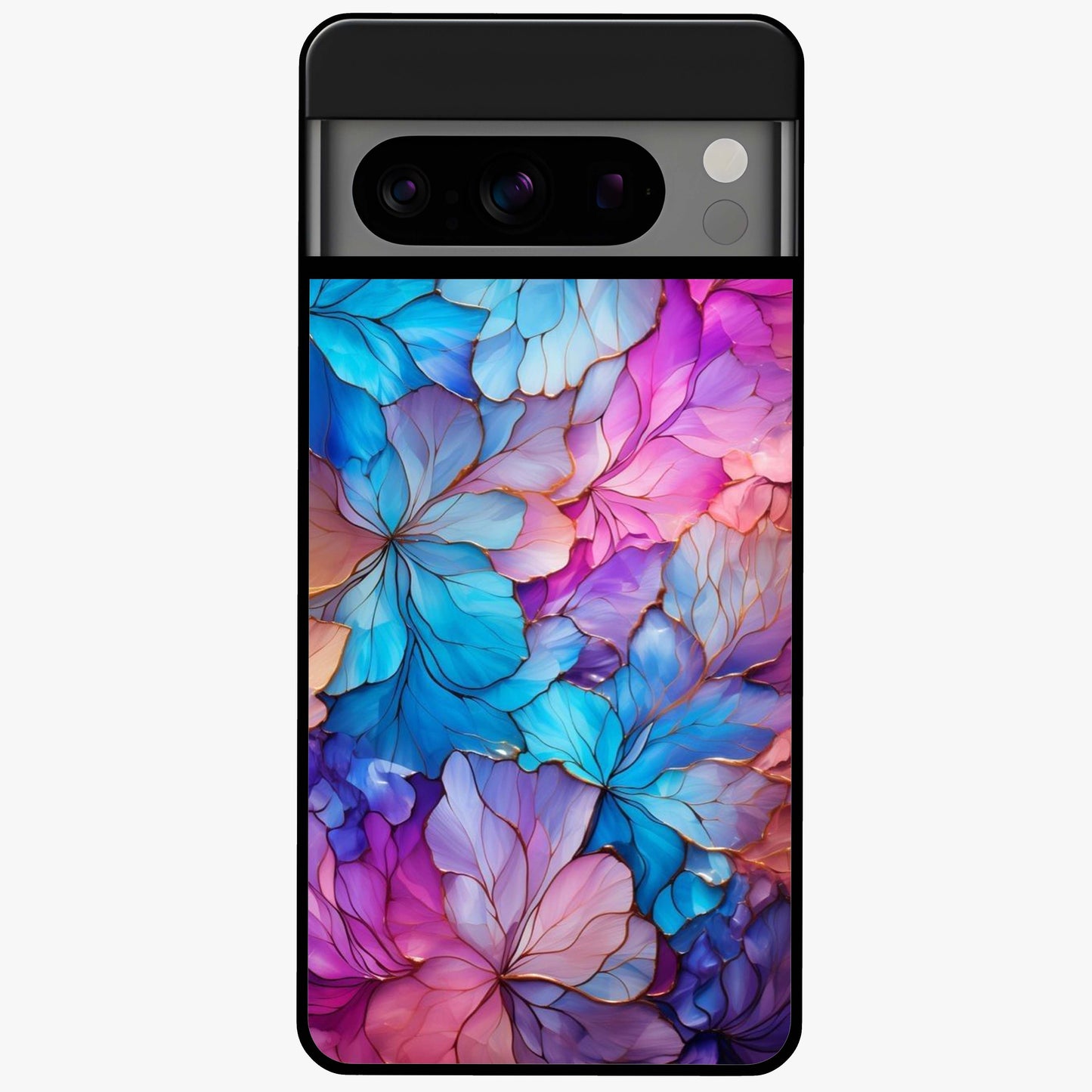 Radiant Floral Whirl Glass Case showing flat back view with swirling floral artwork and glossy glass finish.