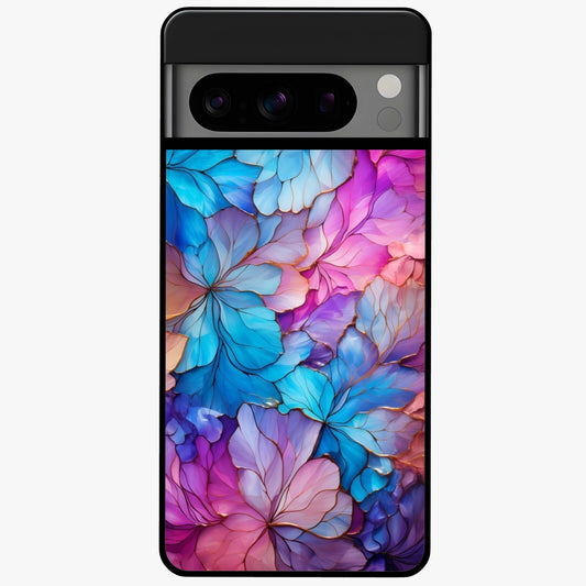 Radiant Floral Whirl Glass Case showing flat back view with swirling floral artwork and glossy glass finish.