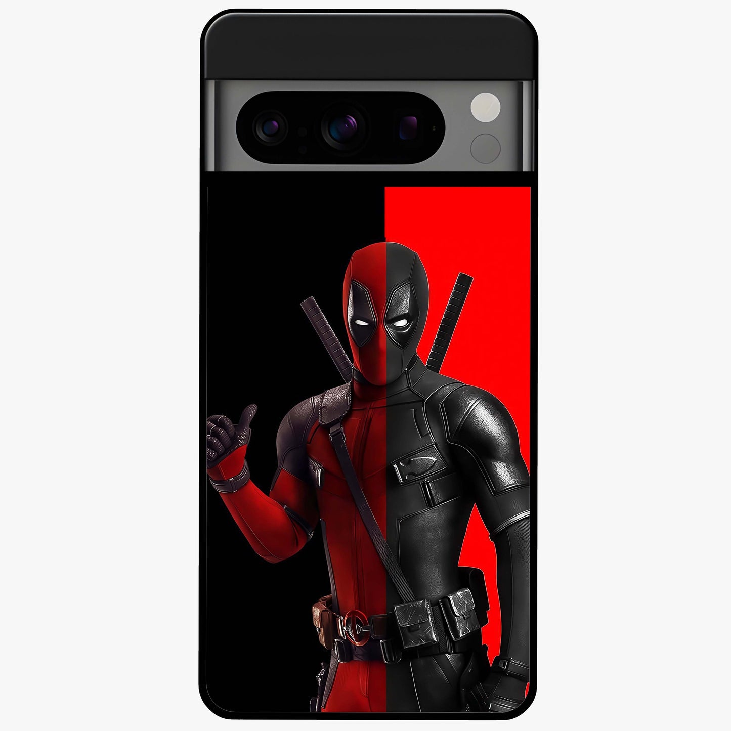 Red & Black Deadpool Theme Glass Case showing flat back view with bold comic inspired artwork and glossy glass finish.