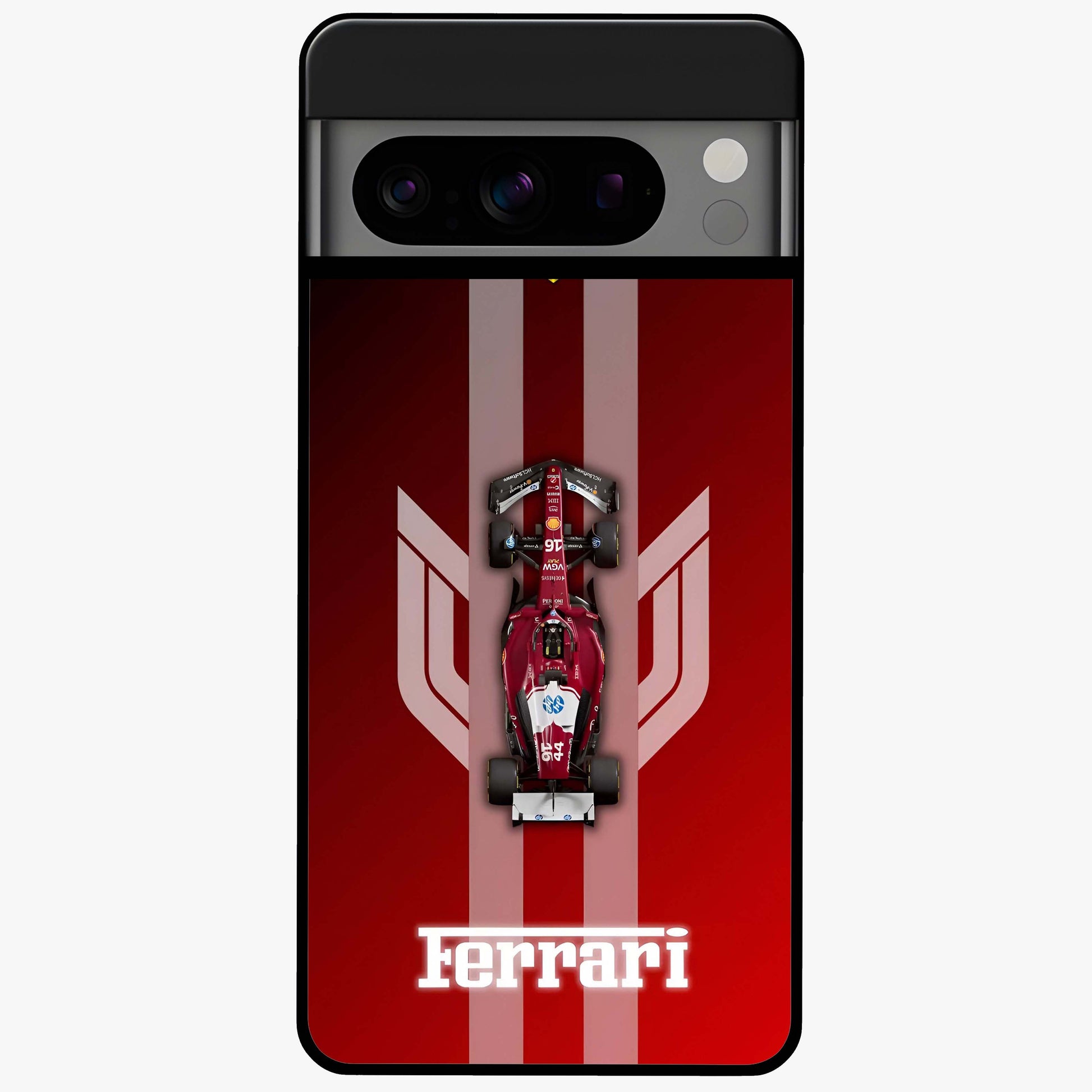 Red Ferrari F1 Vertical Glass Case showing flat back view with sleek Formula racing car artwork and glossy glass finish.