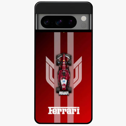 Red Ferrari F1 Vertical Glass Case showing flat back view with sleek Formula racing car artwork and glossy glass finish.
