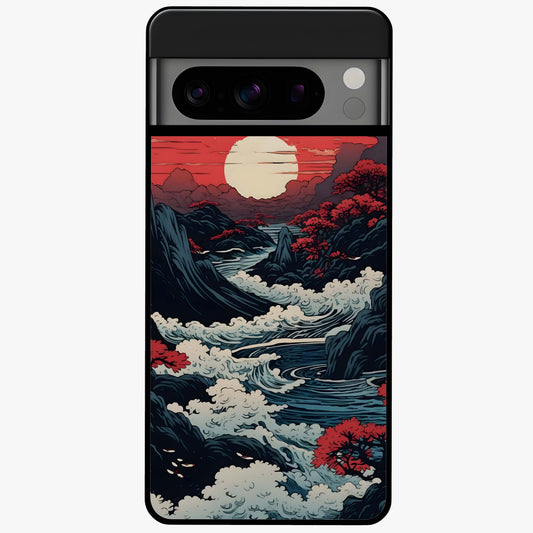 Red Sunset Scenery Glass Case showing flat back view with vibrant sunset landscape artwork and glossy glass finish.