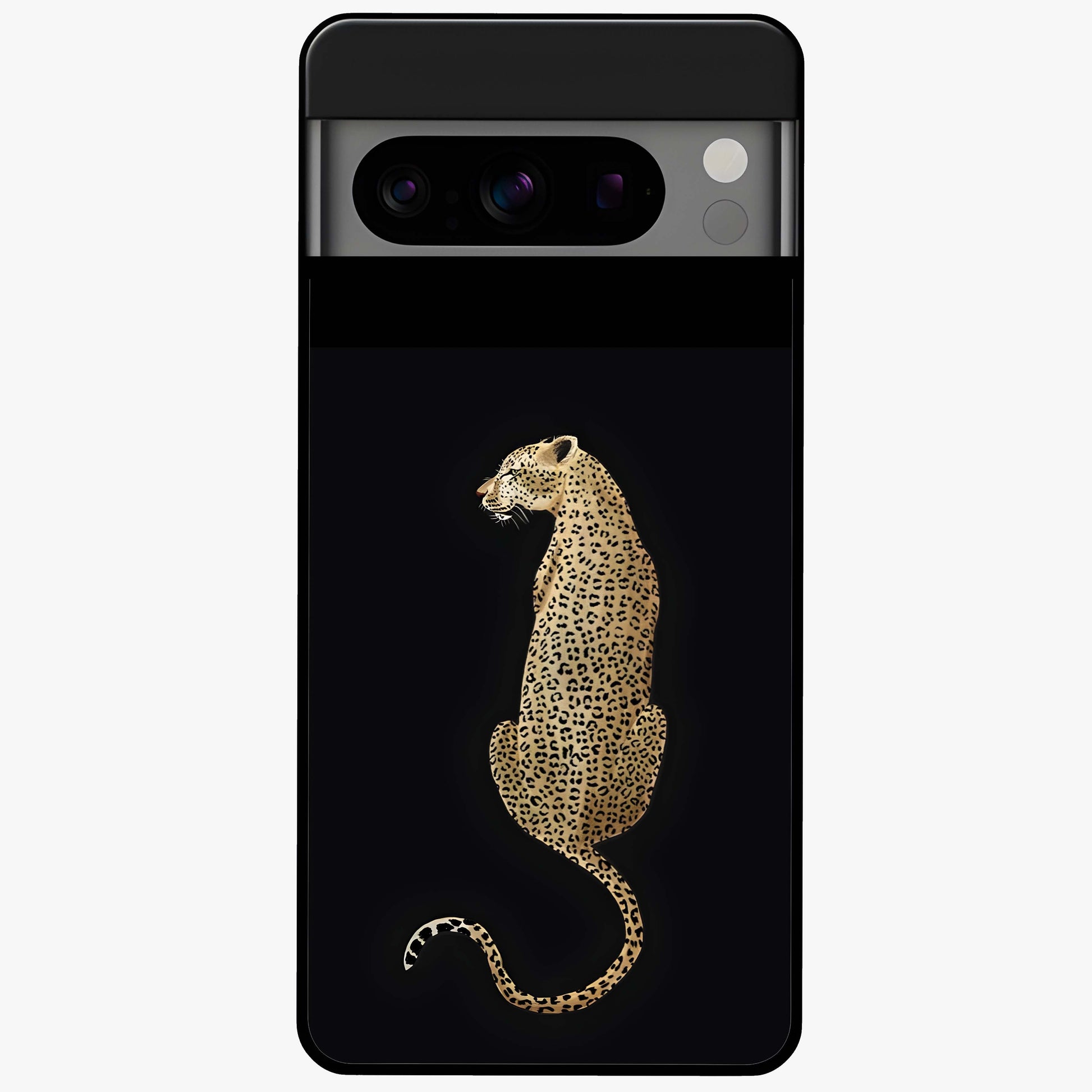 Regal Leopard Glass Case showing flat back view with bold leopard artwork and glossy glass finish.