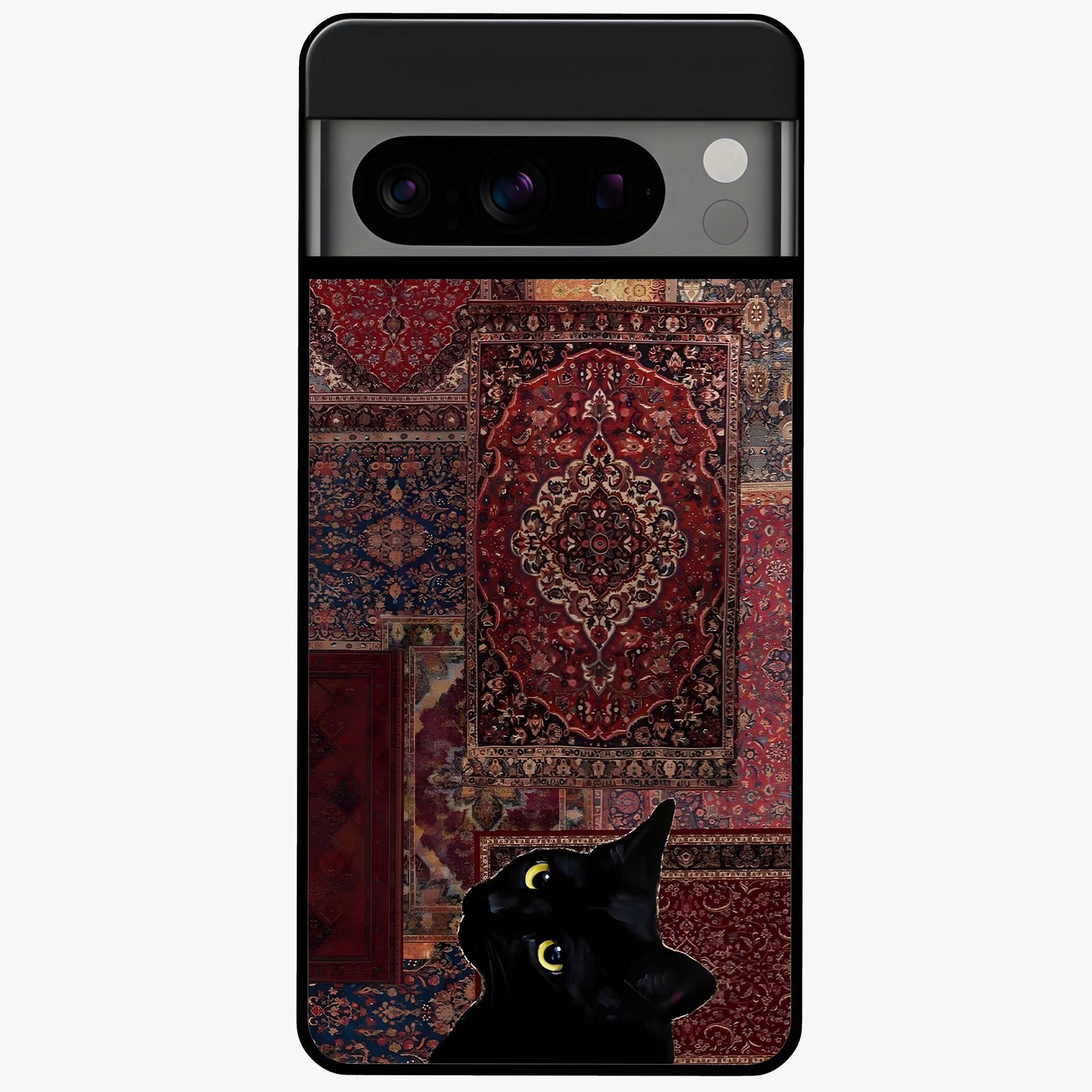 Regal Magic Cat Apple Glass Case showing flat back view with magical cat artwork holding apple and glossy glass finish.
