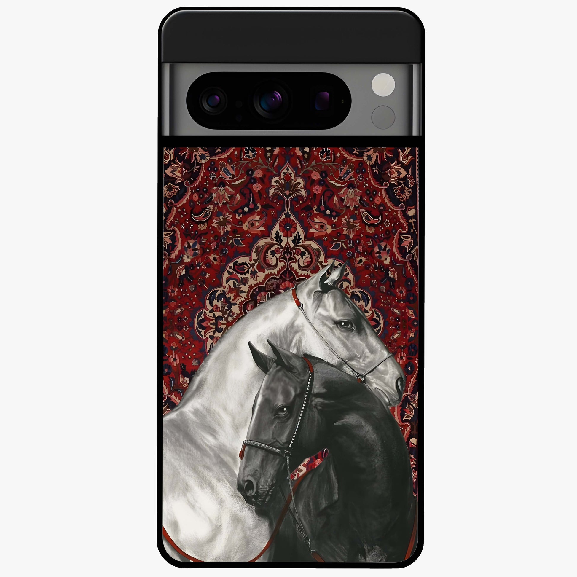 Regal Stallion Tapestry Glass Case showing flat back view with majestic horse tapestry artwork and glossy glass finish.