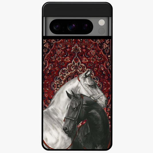 Regal Stallion Tapestry Glass Case showing flat back view with majestic horse tapestry artwork and glossy glass finish.