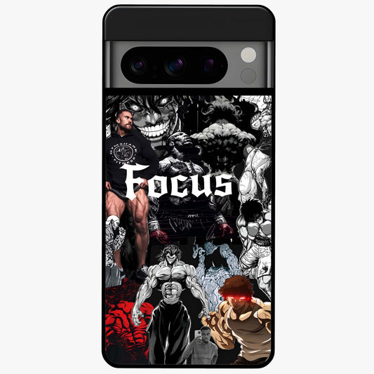 Relentless Power Focus Glass Case showing flat back view with motivational typography artwork and glossy glass finish.
