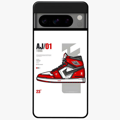 Retro Sneaker Blueprint Glass Case showing flat back view with sneaker blueprint style artwork and glossy glass finish.