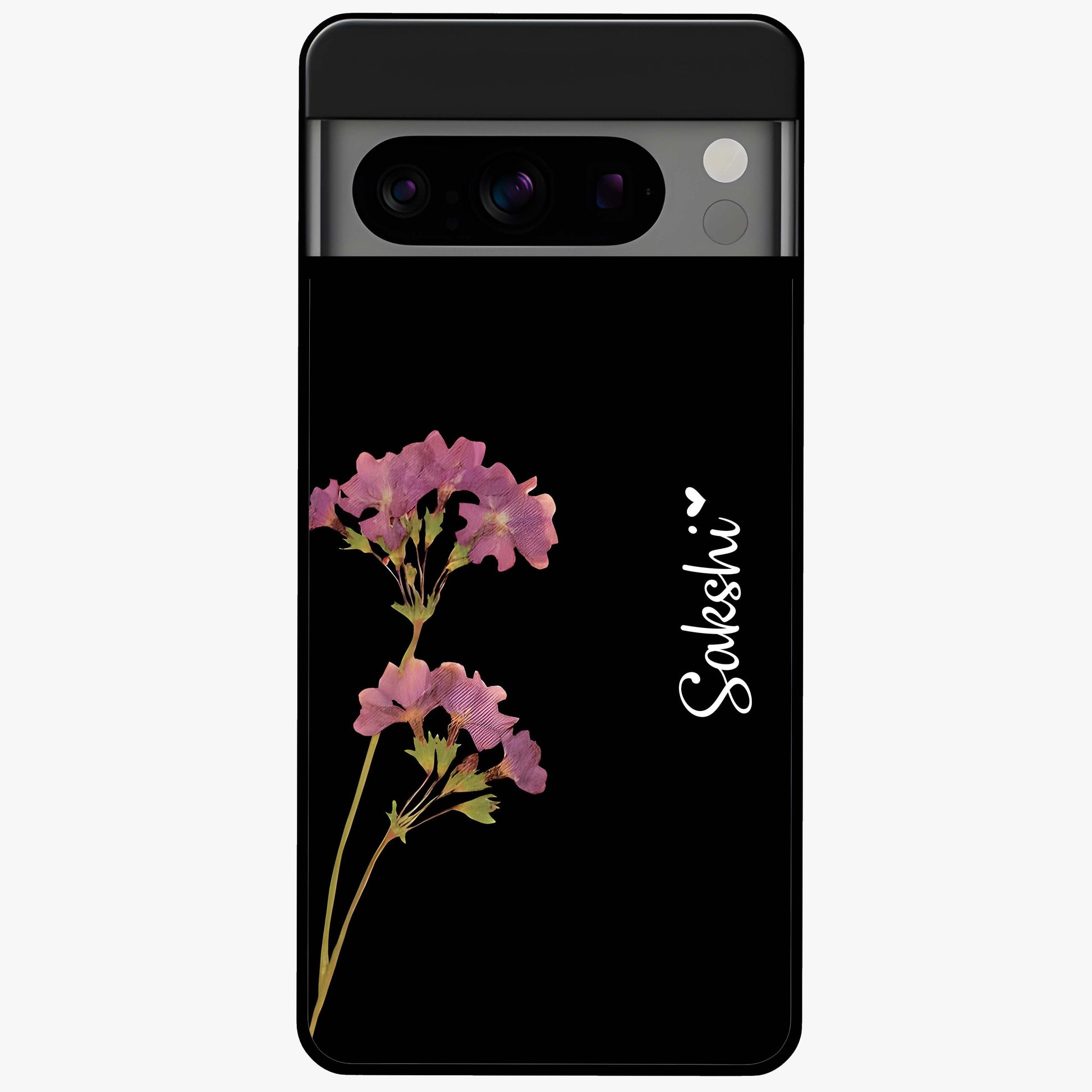 Riching Lavender Flower Custom Name Glass Case showing flat back view with lavender floral artwork and personalized name design.