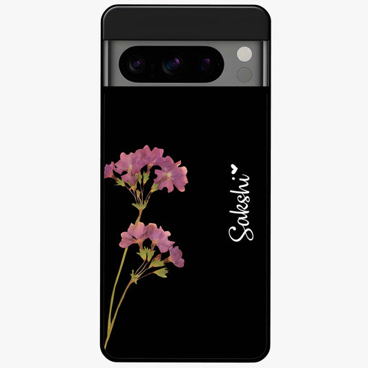 Riching Lavender Flower Custom Name Glass Case showing flat back view with lavender floral artwork and personalized name design.