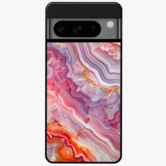 Rose Quartz Marble Glass Case showing flat back view with pink marble quartz texture artwork and glossy glass finish.