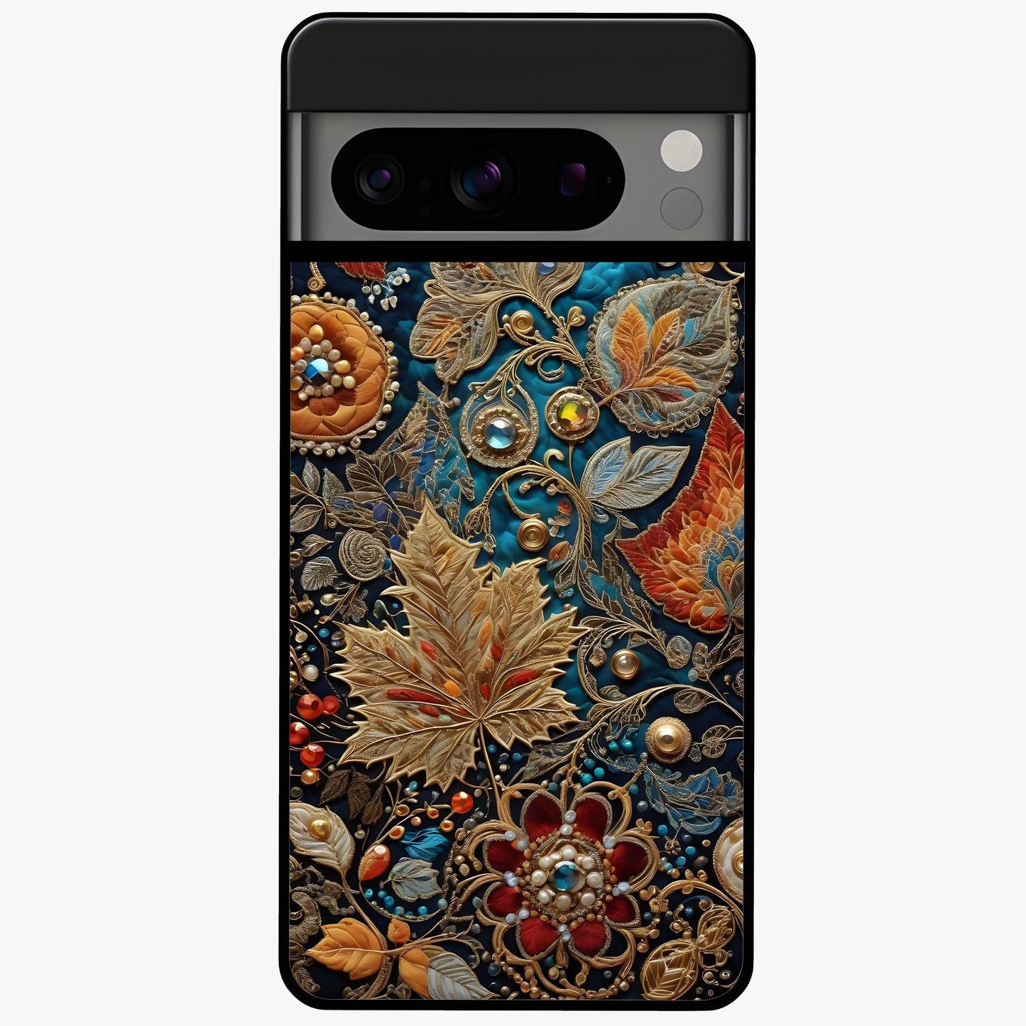 Royal Jewel Garden Glass Case showing flat back view with decorative floral garden artwork and glossy glass finish.