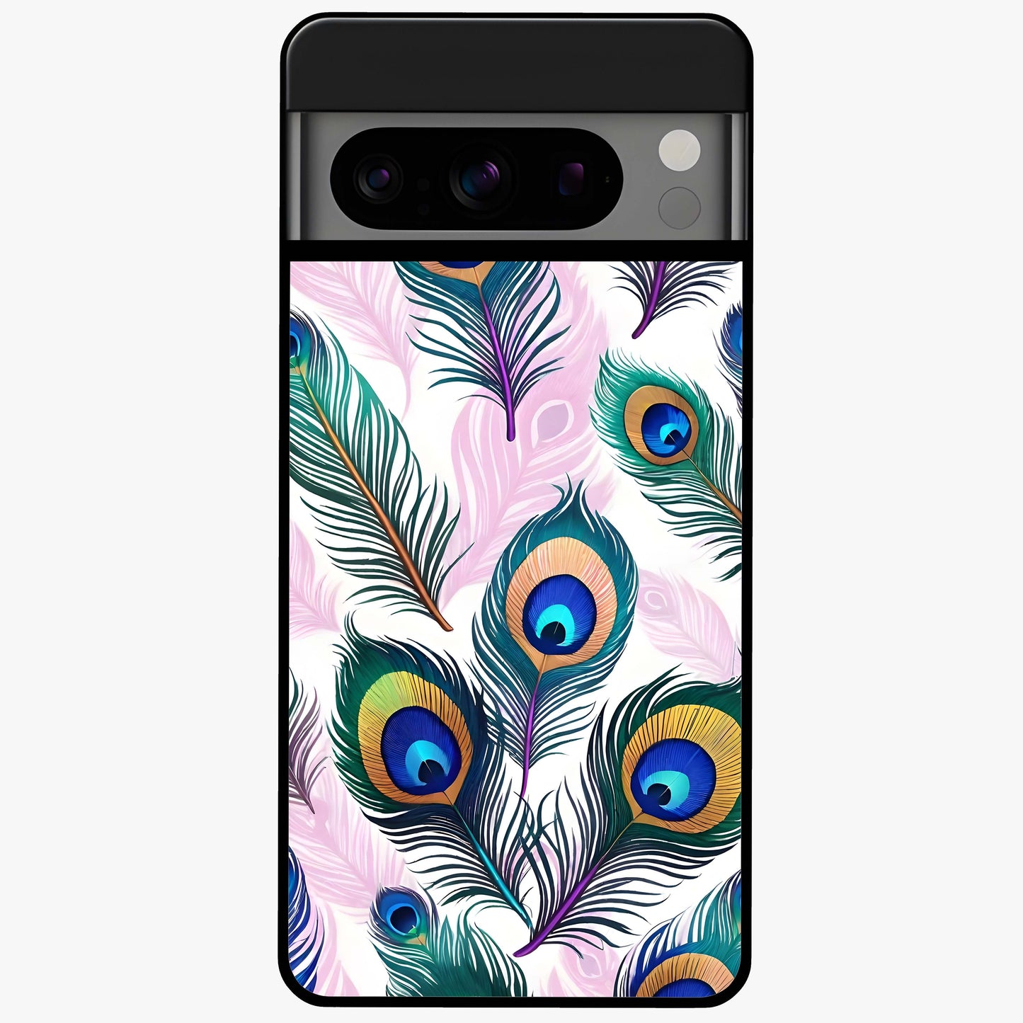 Royal Peacock Feathers Glass Case showing flat back view with colorful peacock feather artwork and glossy glass finish.
