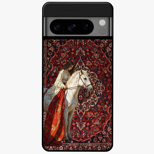 Royal Rider Tapestry Glass Case showing flat back view with majestic horse rider tapestry artwork and glossy glass finish.