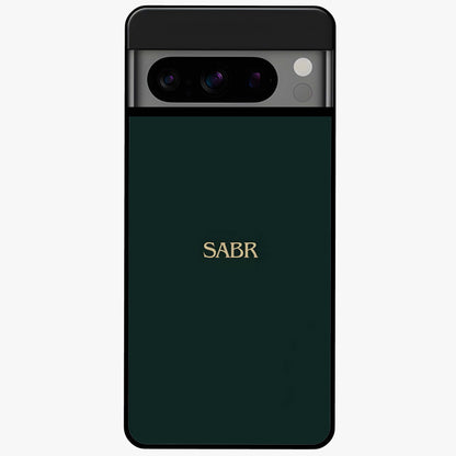 Sabr Minimal Patience Glass Case showing flat back view with minimalist typography artwork and glossy glass finish.