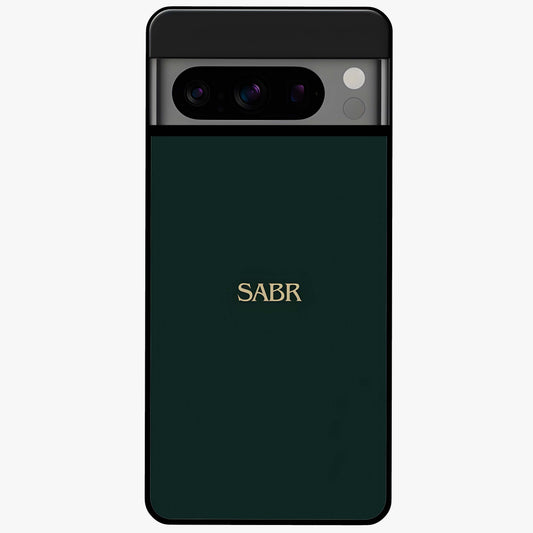 Sabr Minimal Patience Glass Case showing flat back view with minimalist typography artwork and glossy glass finish.