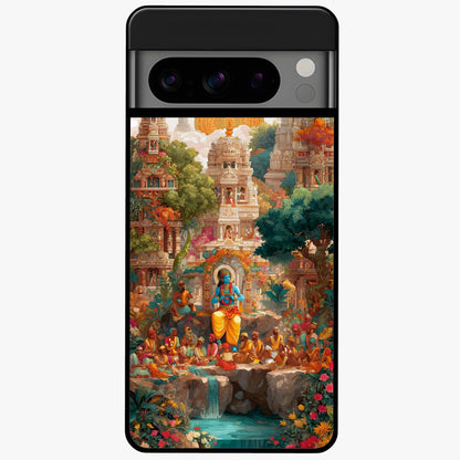 Sacred Sunlight Gods Glass Case showing flat back view with divine sunlight themed artwork and glossy glass finish.