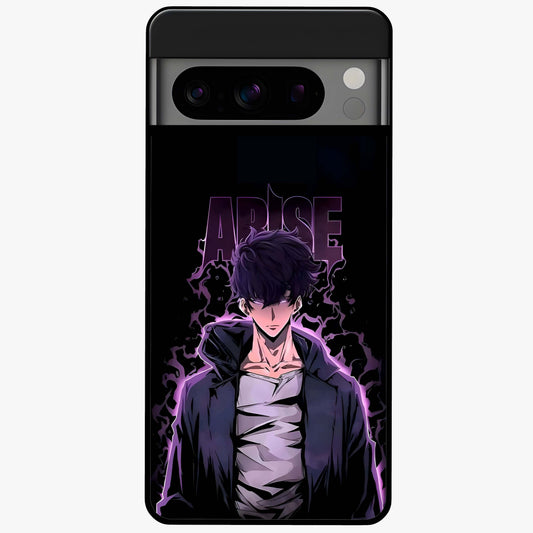Shadow Monarch Awakening Glass Case showing flat back view with powerful dark monarch themed artwork and glossy glass finish.
