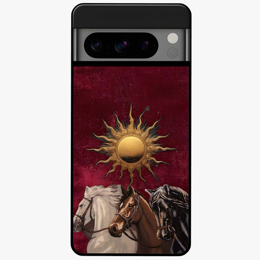 Solar Riders Glass Case showing flat back view with dynamic rider themed artwork and glossy glass finish.
