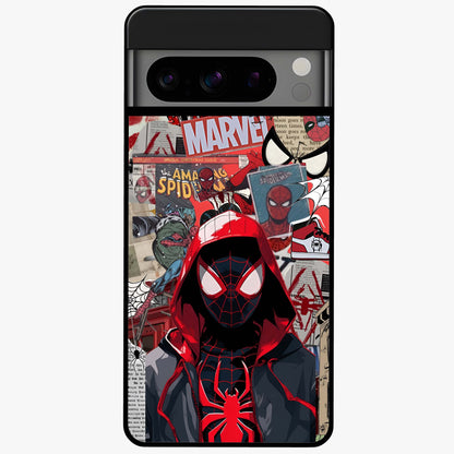 Spider Collage Street Glass Case showing flat back view with vibrant superhero collage artwork and glossy glass finish.