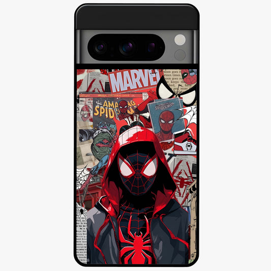 Spider Collage Street Glass Case showing flat back view with vibrant superhero collage artwork and glossy glass finish.