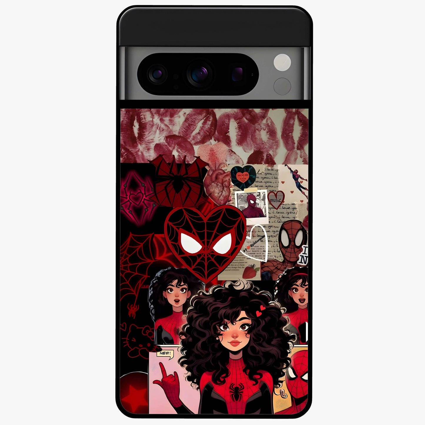Spider Love Story Glass Case showing flat back view with romantic superhero themed artwork and glossy glass finish.