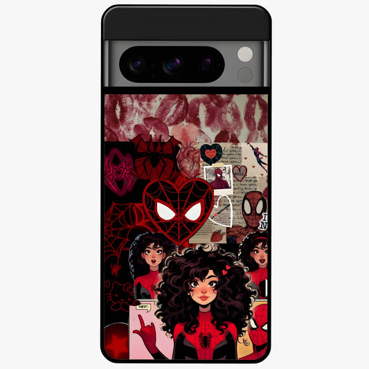 Spider Love Story Glass Case showing flat back view with romantic superhero themed artwork and glossy glass finish.