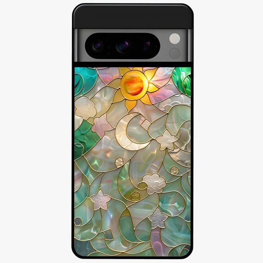 Stained Sunrise Glow Glass Case showing flat back view with glowing sunrise stained pattern artwork and glossy glass finish.