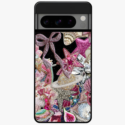 Starlit Jewel Dream Glass Case showing flat back view with sparkling jewel and star themed artwork and glossy glass finish.