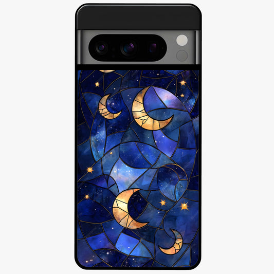 Starlit Sky Tapestry Glass Case showing flat back view with decorative starry sky tapestry artwork and glossy glass finish.