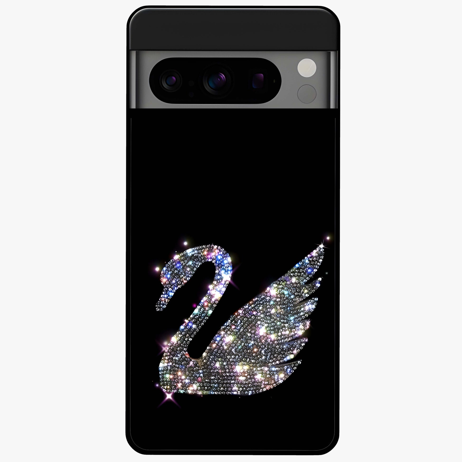 Starlit Swan Grace Glass Case showing flat back view with graceful swan artwork under starry sky and glossy glass finish.