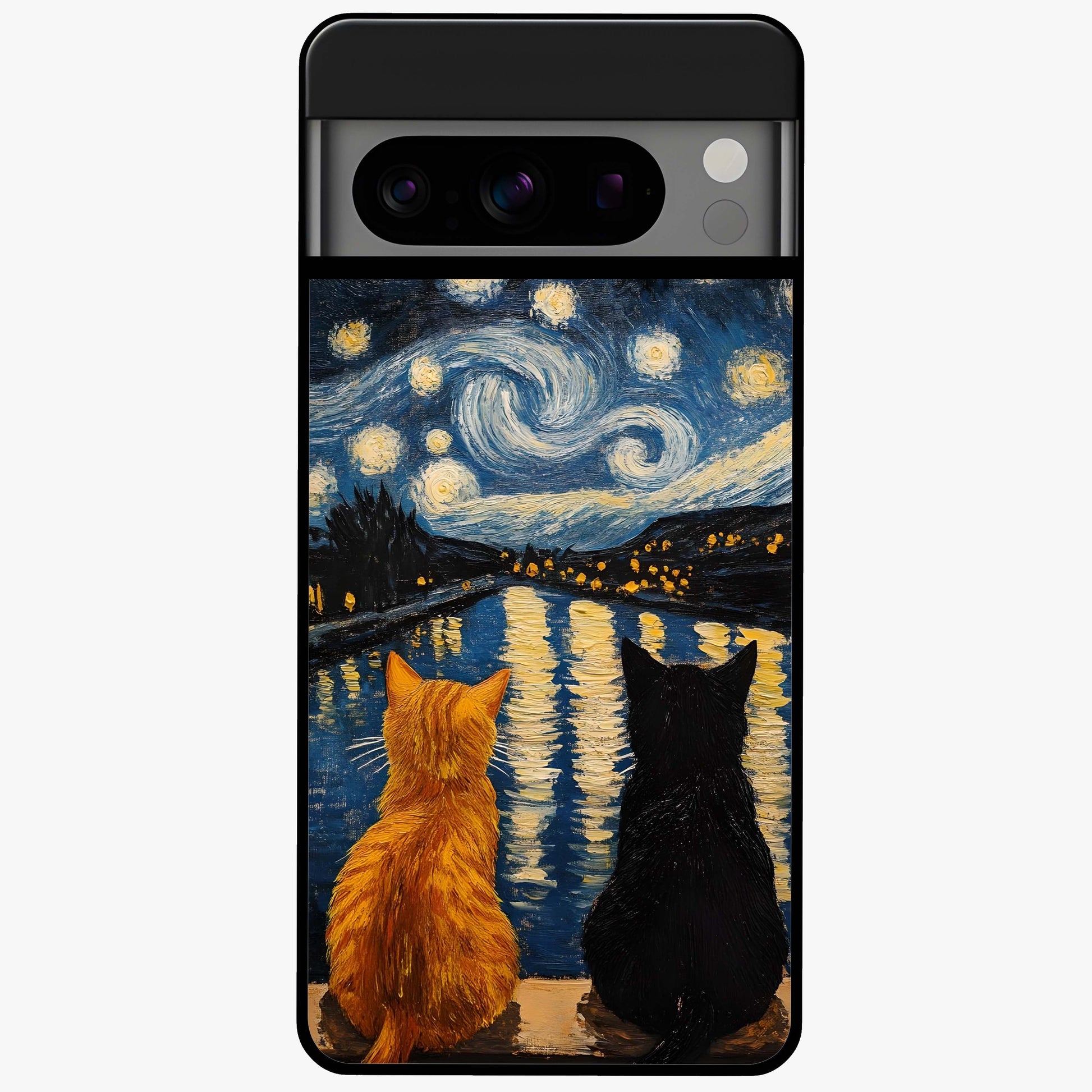 Starry River Cats Glass Case showing flat back view with cats by a starry river artwork and glossy glass finish.