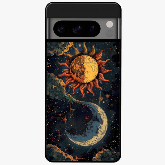 Sun And Moon Magic Design Glass Case showing flat back view with mystical sun and moon artwork and glossy glass finish.