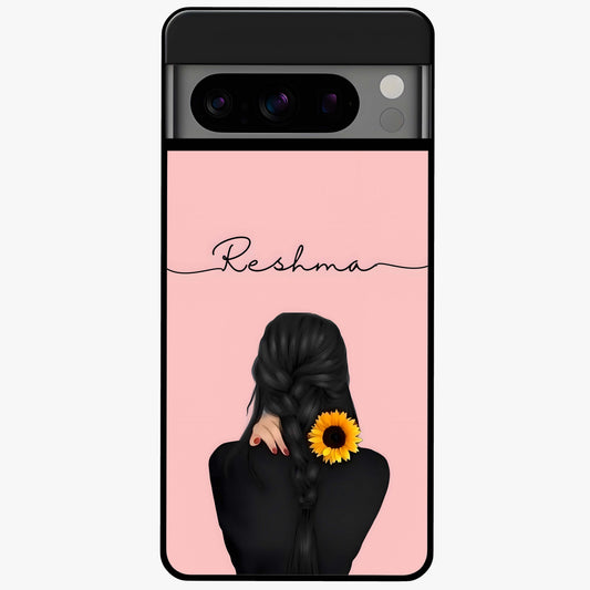 Sunflower Braid Beauty With Custom Name Glass Case showing flat back view with sunflower braid artwork and personalized name design.
