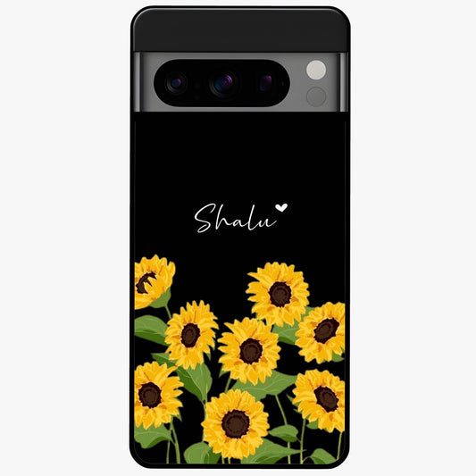 Sunflower Chic Mood Custom Name Glass Case showing flat back view with stylish sunflower artwork and personalized name design.