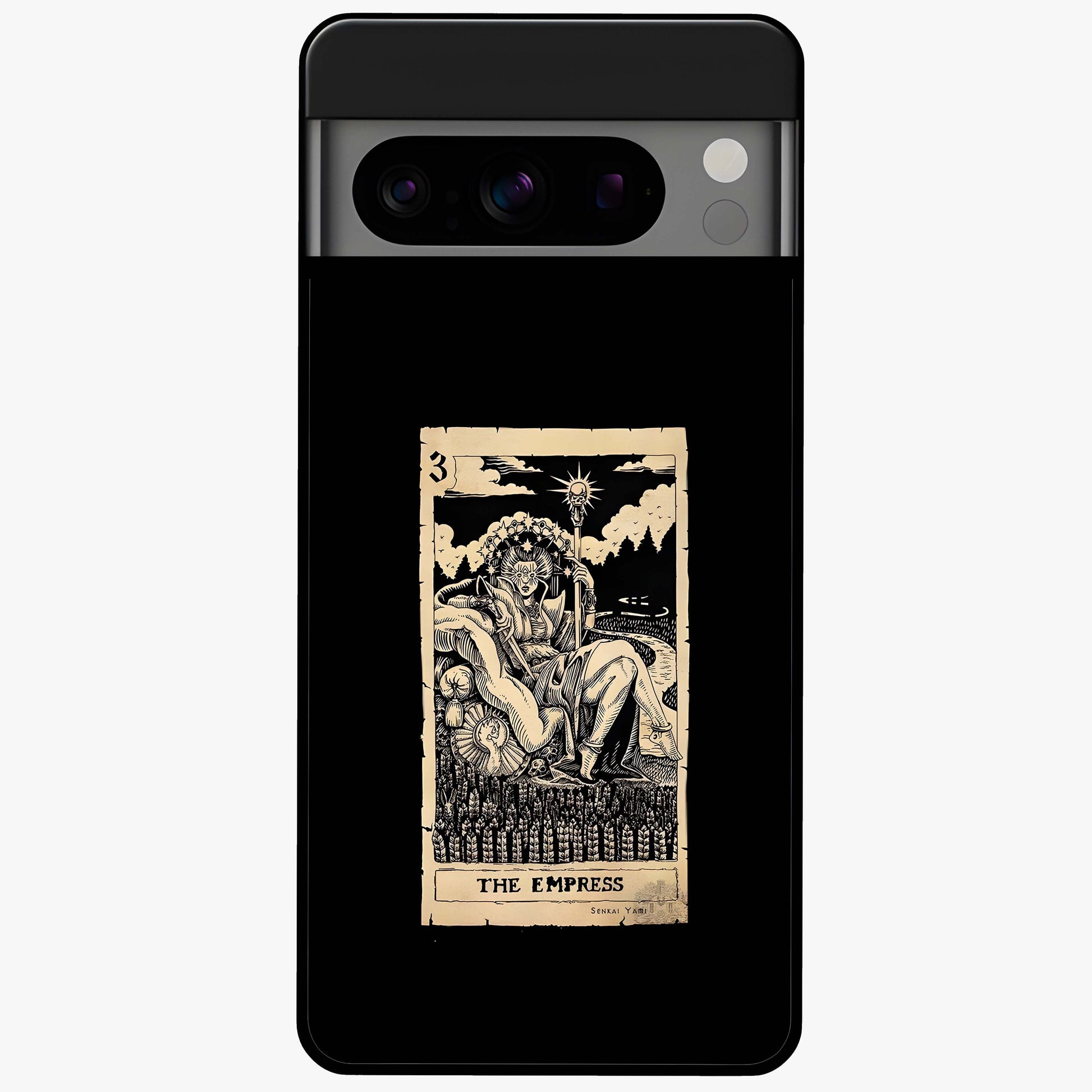 The Empress Glass Case showing flat back view with regal feminine artwork and glossy glass finish.